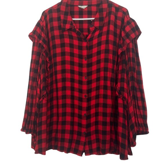 Cato Red & Black Plaid Button-Up Shirt With Ruffle Sleeves Womens Size 26/28W - Picture 12 of 12